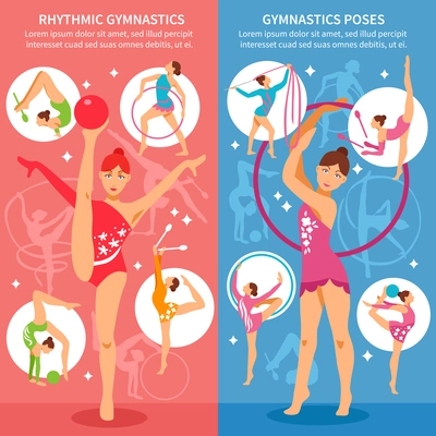 Two rhythmic gymnastics vertical banners with young beauty girls in different sports poses with gymnastics equipment flat vector illustration