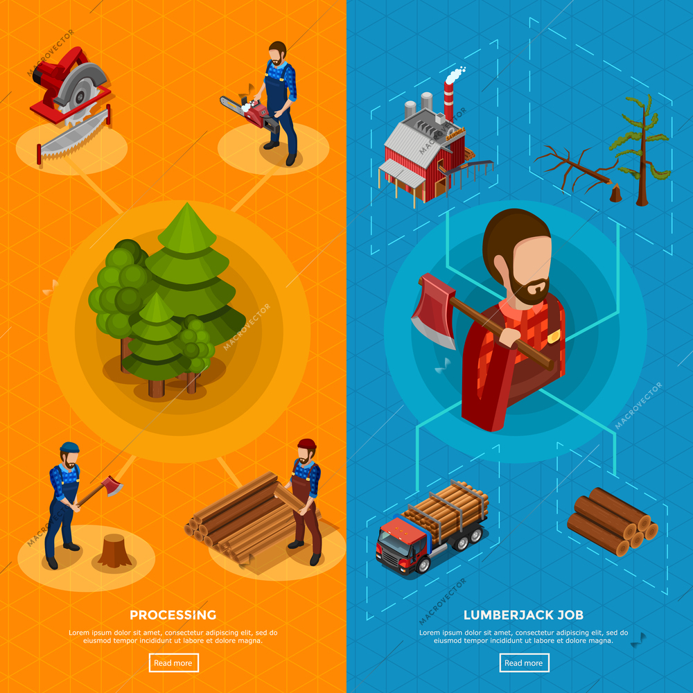 Lumberjack job isometric vertical banners with set of icons showing woodworking process and equipment for felling flat vector illustration