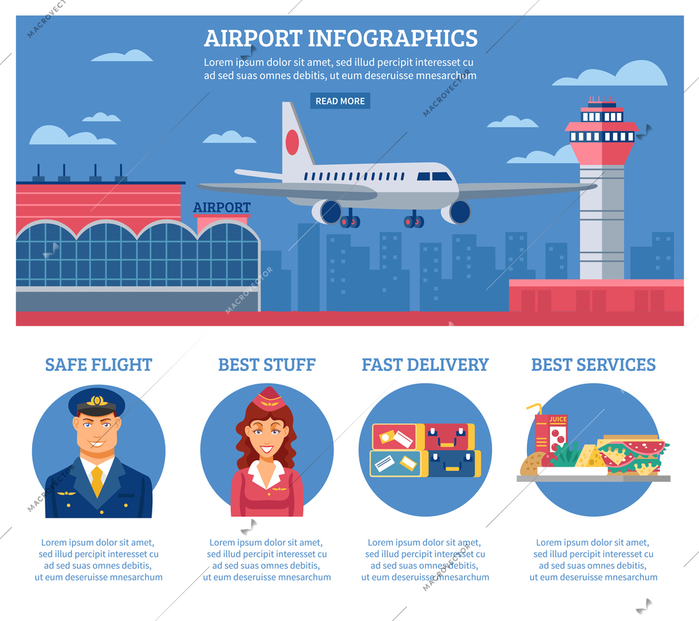 Airport infographics design template with description of safe flight best stuff fast delivery and best services vector illustration