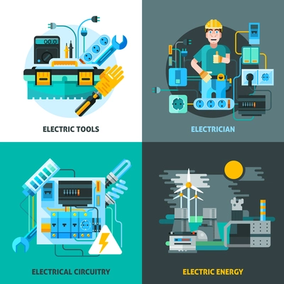 Electricity concept icons set with electric tools and energy symbols flat isolated vector illustration