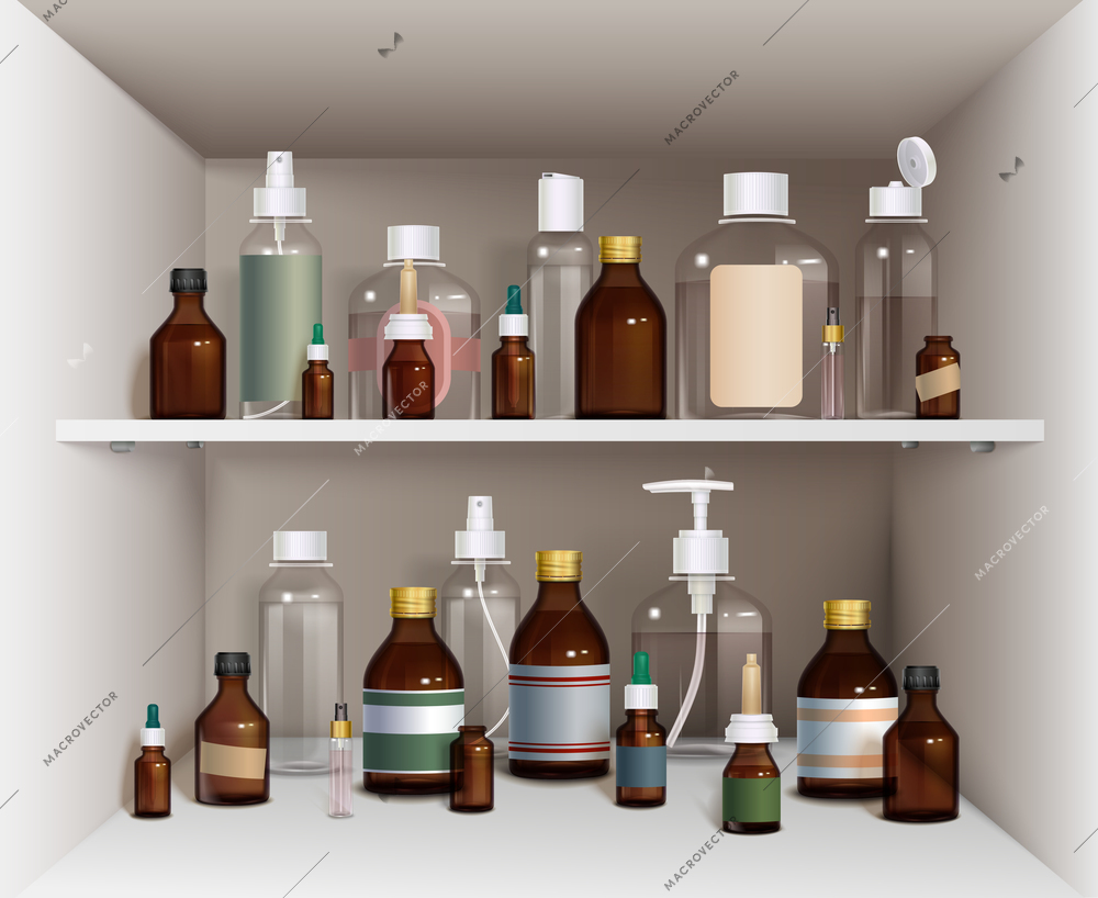 Medical Bottles Elements Collection. Medical Bottles Vector Illustration. Medical Bottles Decorative Set.  Medical Bottles On Shelves Design Set.Medical Bottles On Shelves Realistic Set.