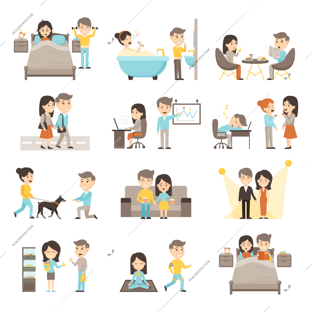 Icons people set of couple daily routine scenes from morning to evening cartoon isolated vector illustration