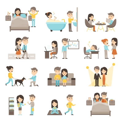 Icons people set of couple daily routine scenes from morning to evening cartoon isolated vector illustration