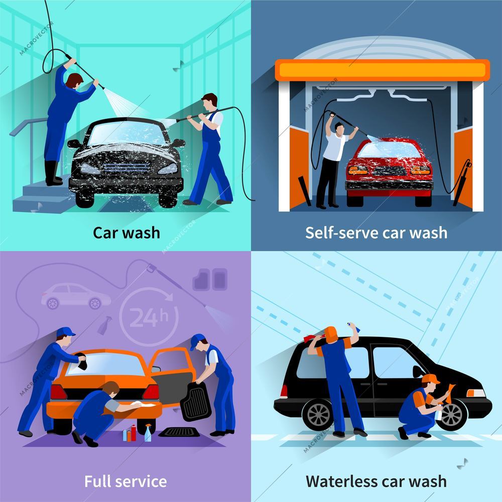 Car wash center full and self service facilities 4 flat icons square composition abstract vector isolated illustration