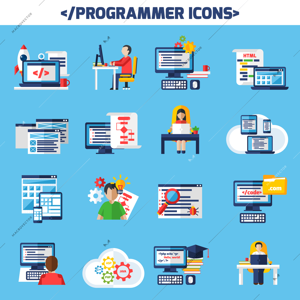 Programmer flat color decorative icons set of people sitting at desk with laptop and cup of coffee and images of page with algorithm and html code isolated vector illustration.