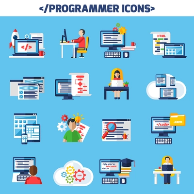 Programmer flat color decorative icons set of people sitting at desk with laptop and cup of coffee and images of page with algorithm and html code isolated vector illustration.