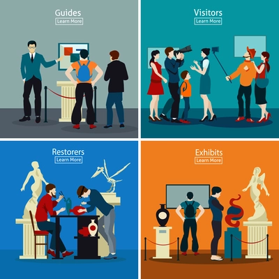 People in museum and gallery 2x2 design concept with exhibits restorers guides and visitors flat vector illustration