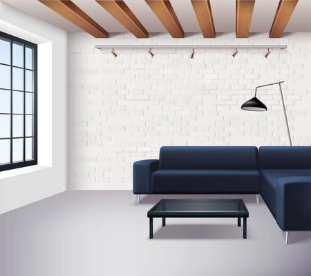 Realistic loft interior concept in minimalistic style with sofa coffee table window lamps and light brick walls vector illustration