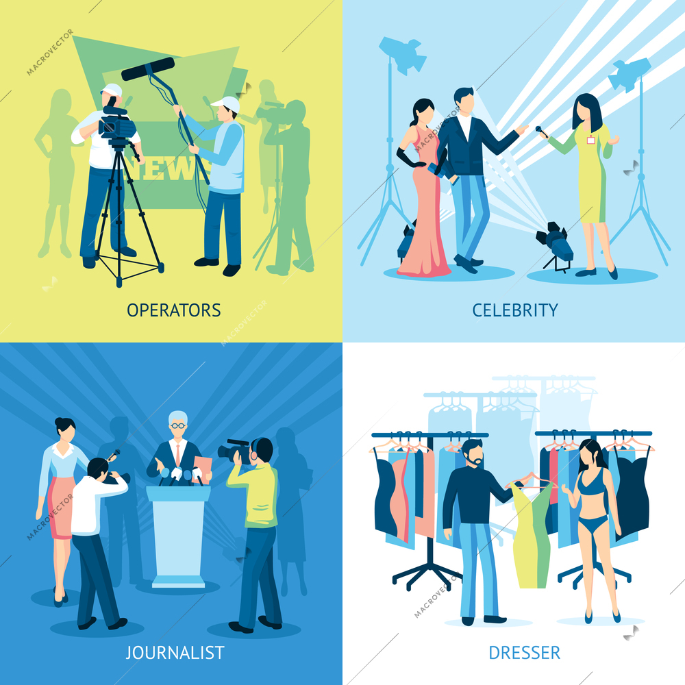 Pressman and journalist concept icon set  interview dresser operator vector illustration