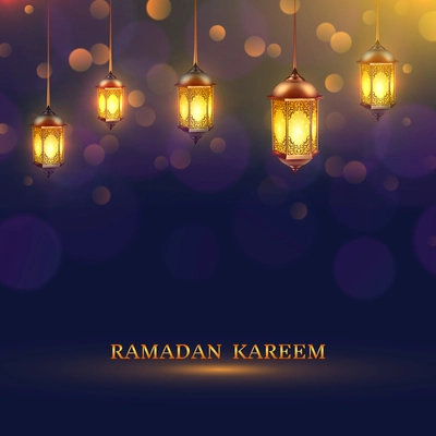 Ramadan lights poster several glowing lamps hanging from the ceiling on a dark blue background and title Ramadan Kareem vector illustration