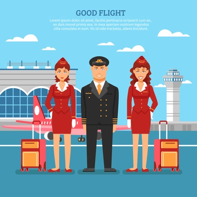 Airport employees poster with title good flight on top and pilot with two stewardesses against the airport vector illustration