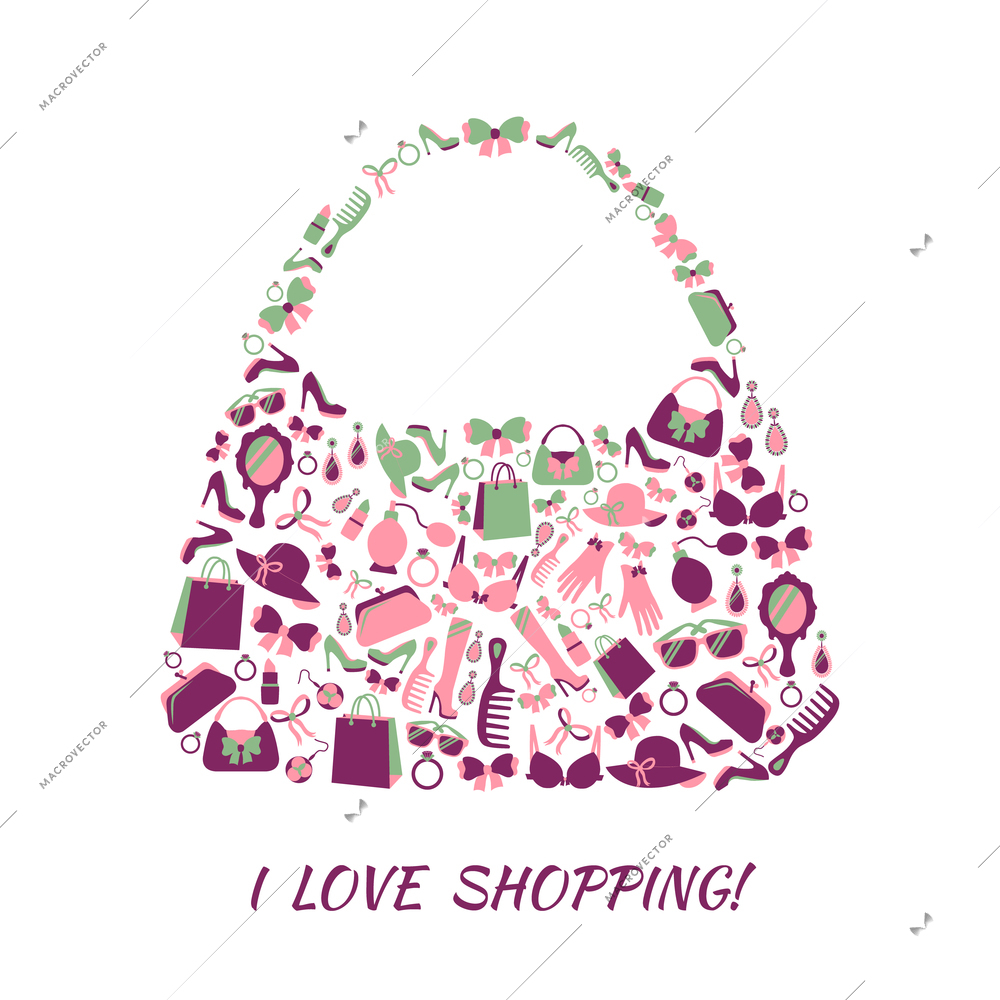 Woman shopping bag purse made of girl accessories and love shopping text poster vector illustration