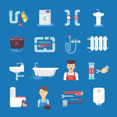 Plumber flat icons collection with toilet sink water heater on dark blue background abstract isolated vector illustration.