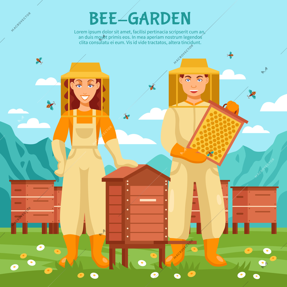 Honey beekeeping illustration poster people working at an apiary on background of fresh air and flying bees vector illustration