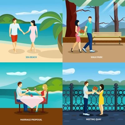 People fall in love flat set with romantic couples dating outdoors vector illustration