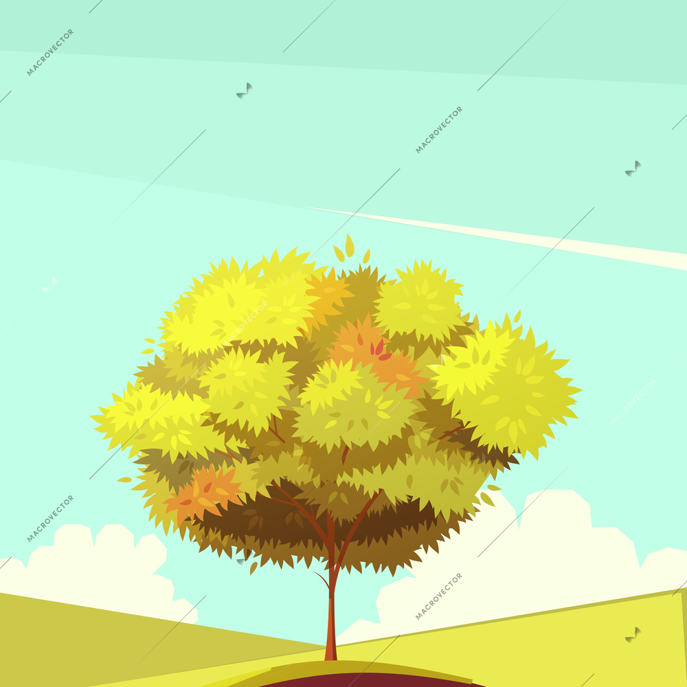 Autumn tree with root on field in sunny weather retro cartoon flat vector illustration