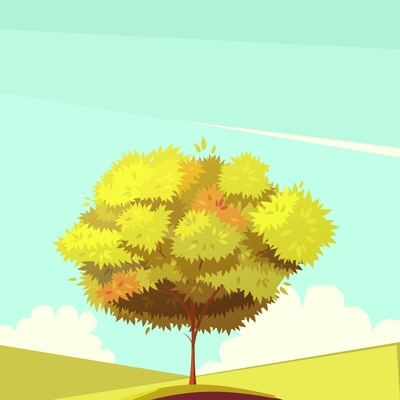 Autumn tree with root on field in sunny weather retro cartoon flat vector illustration