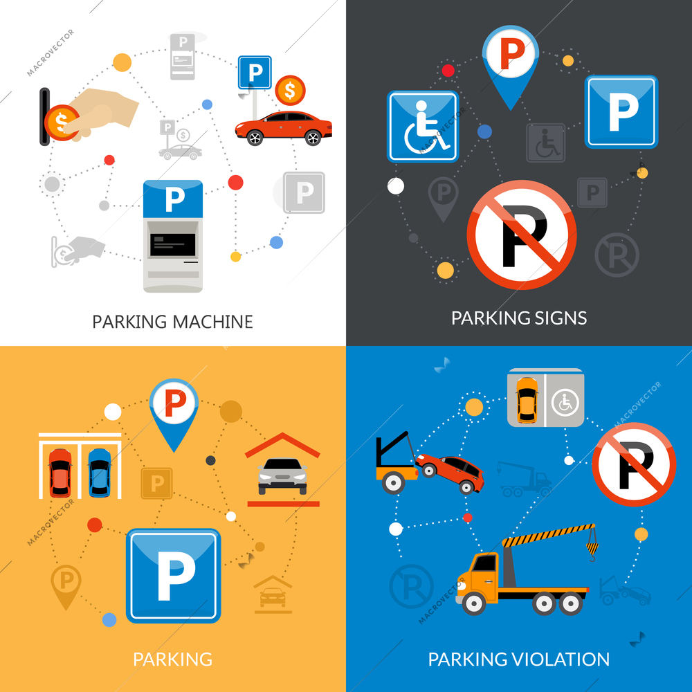 Icon isolated flat conceptual parking set with different aspects of parking process vector illustration