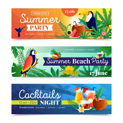 Tropical cocktail summer beach night party date time announcement 3 colorful horizontal banners set abstract isolated vector illustration