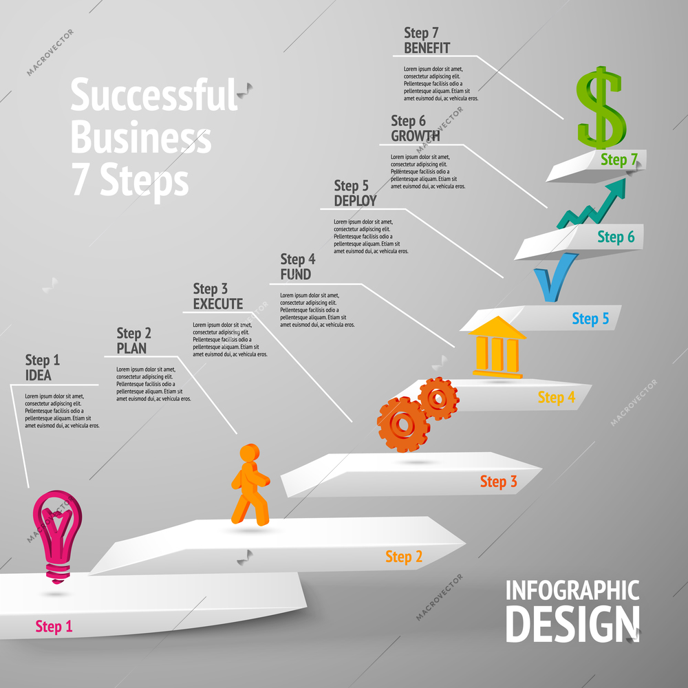 Ascending upward staircase uccessful business seven steps concept infographic vector illustration