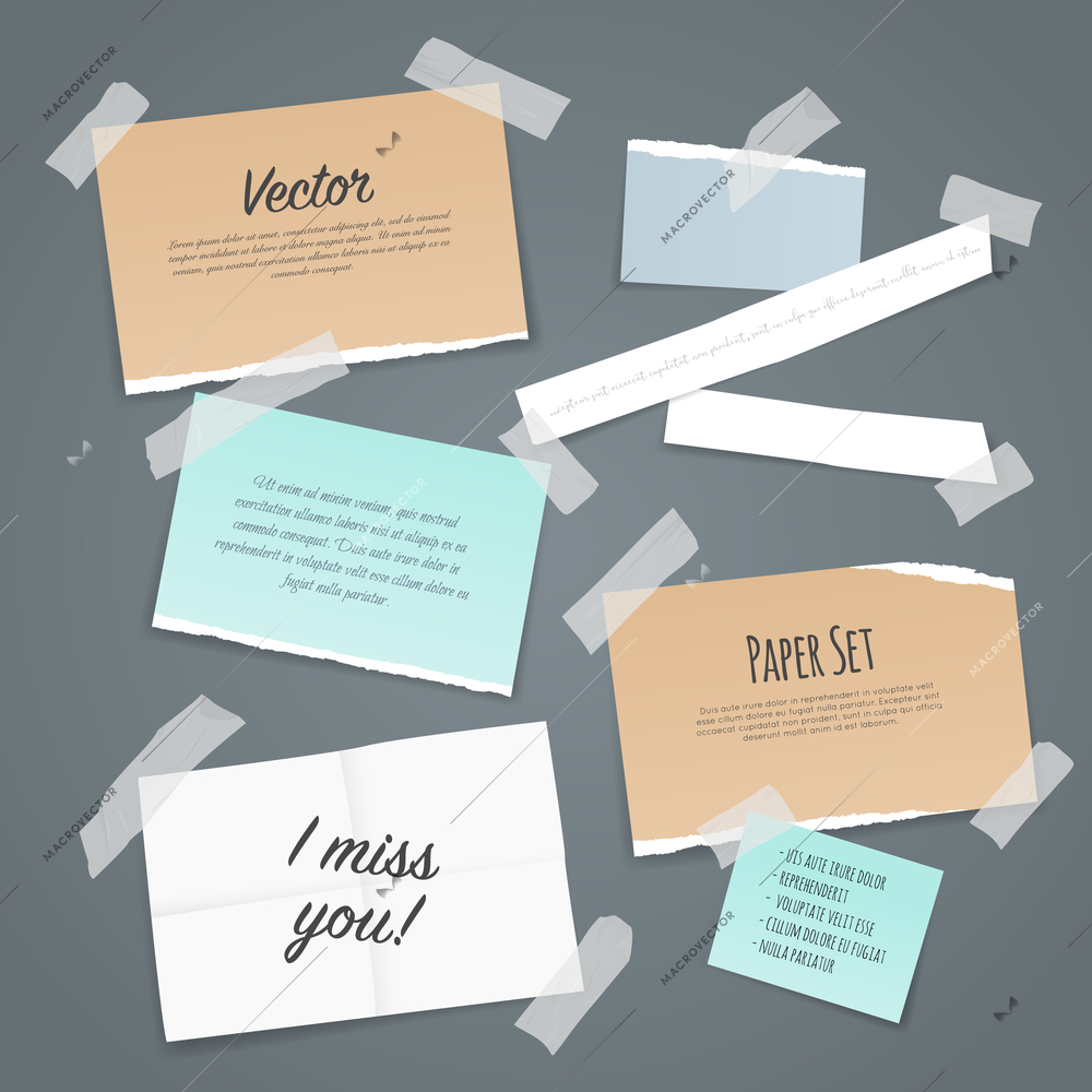 Paper set of different scraps of paper stuck by sticky tape on pale blue background vector illustration