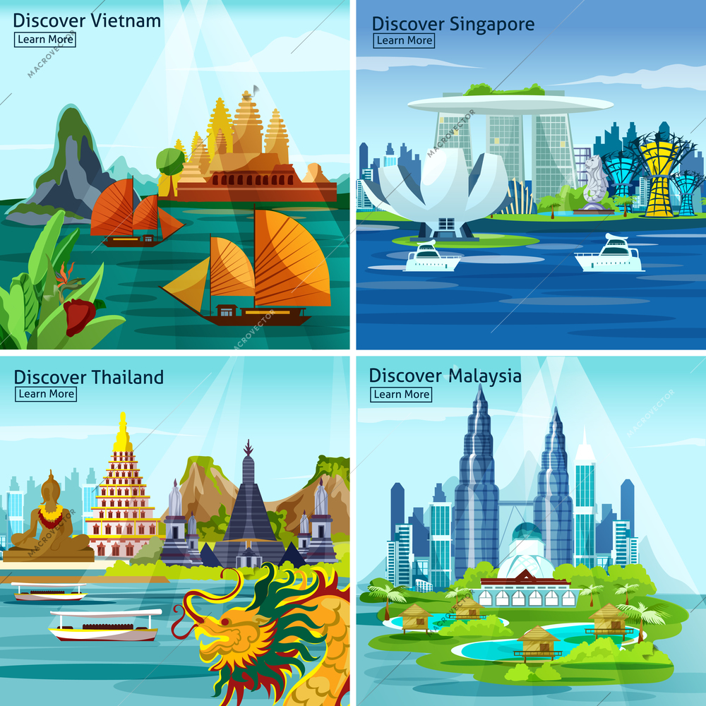 Asian travel 2x2 design concept with vietnam thailand singapore and malaysia colorful landscape compositions flat vector illustration