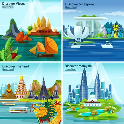 Asian travel 2x2 design concept with vietnam thailand singapore and malaysia colorful landscape compositions flat vector illustration