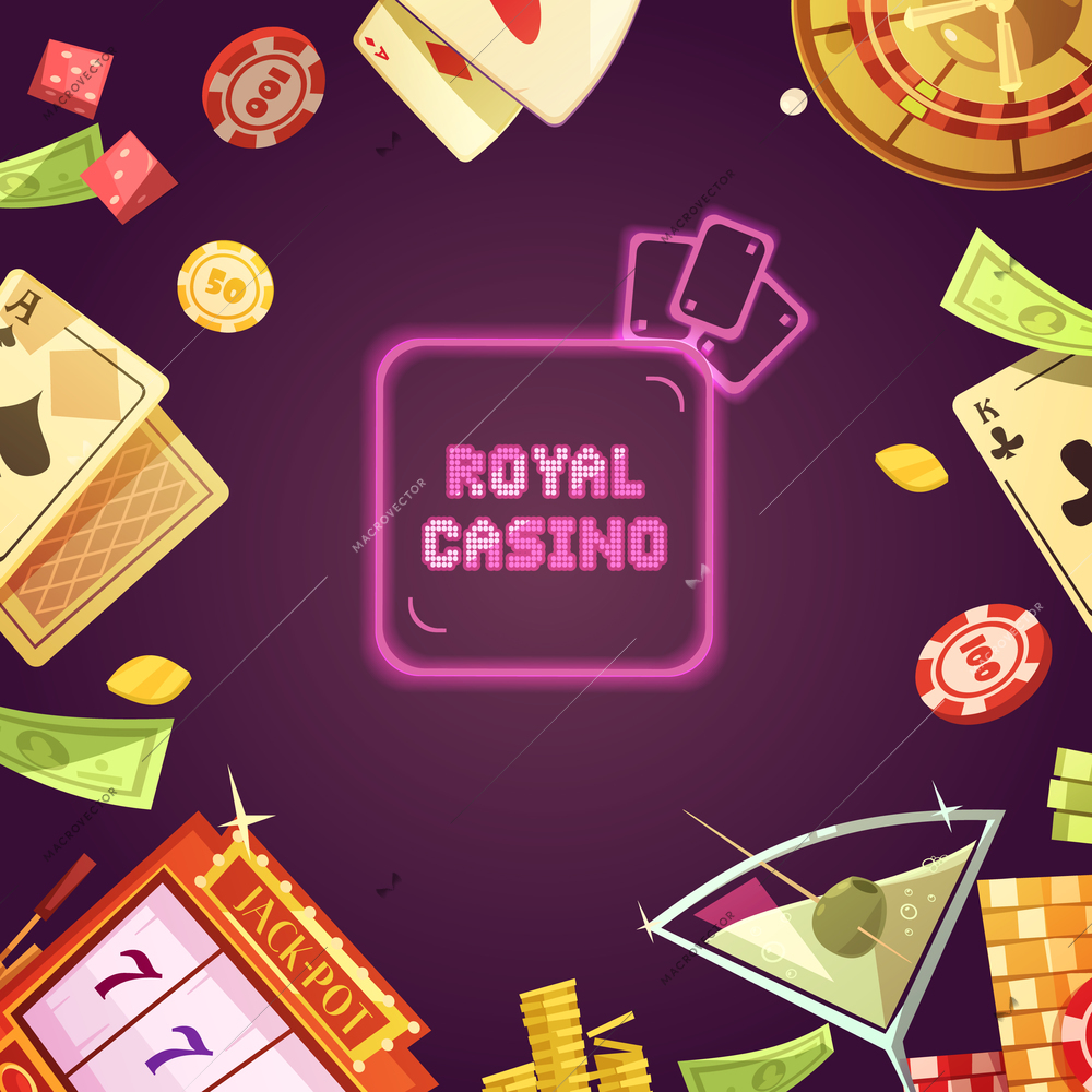 Royal casino with slot machine roulette cards money chips and cocktail around on purple background retro cartoon vector illustration