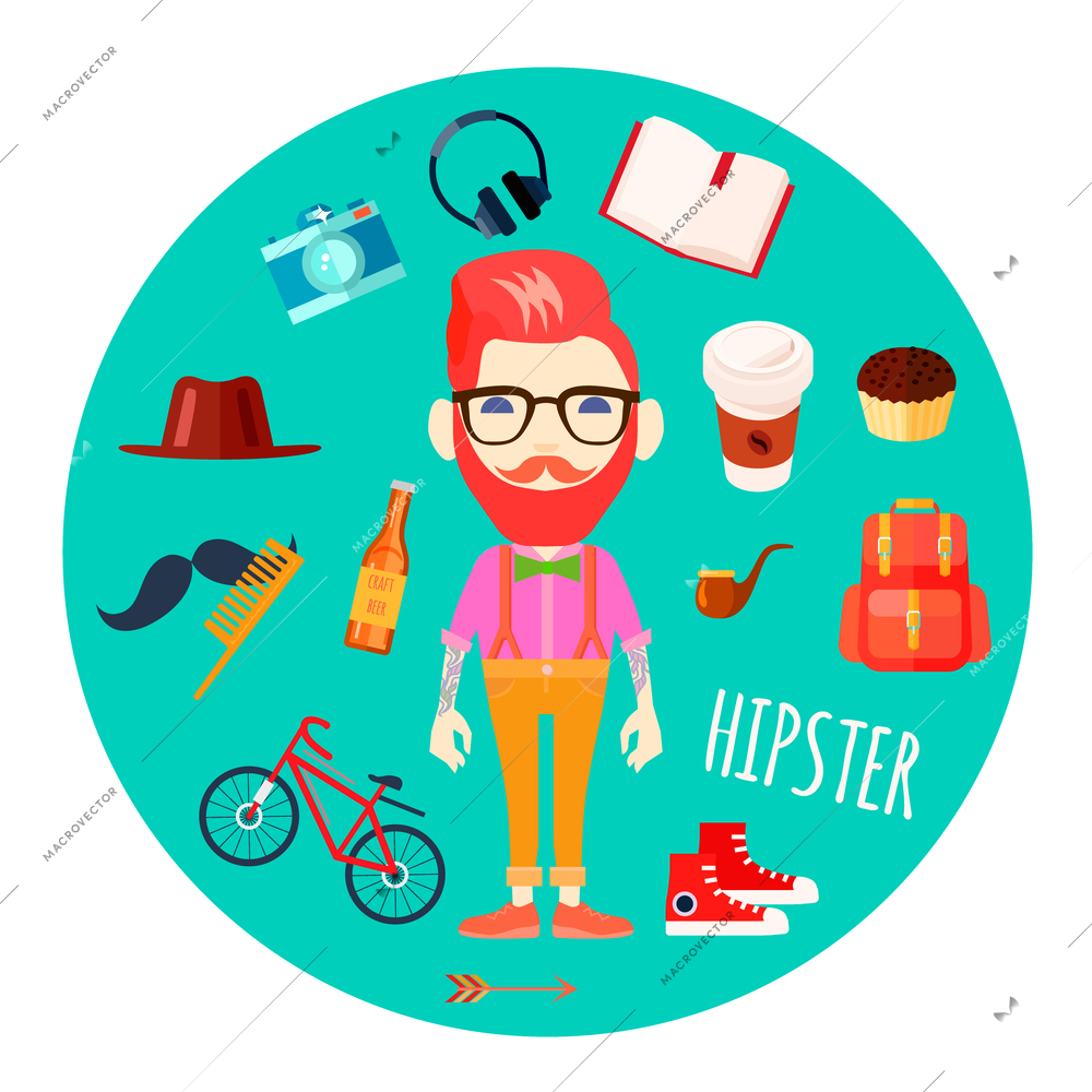 Hipster character man with red hair fake mustache and retro accessories flat round mint background abstract vector illustration