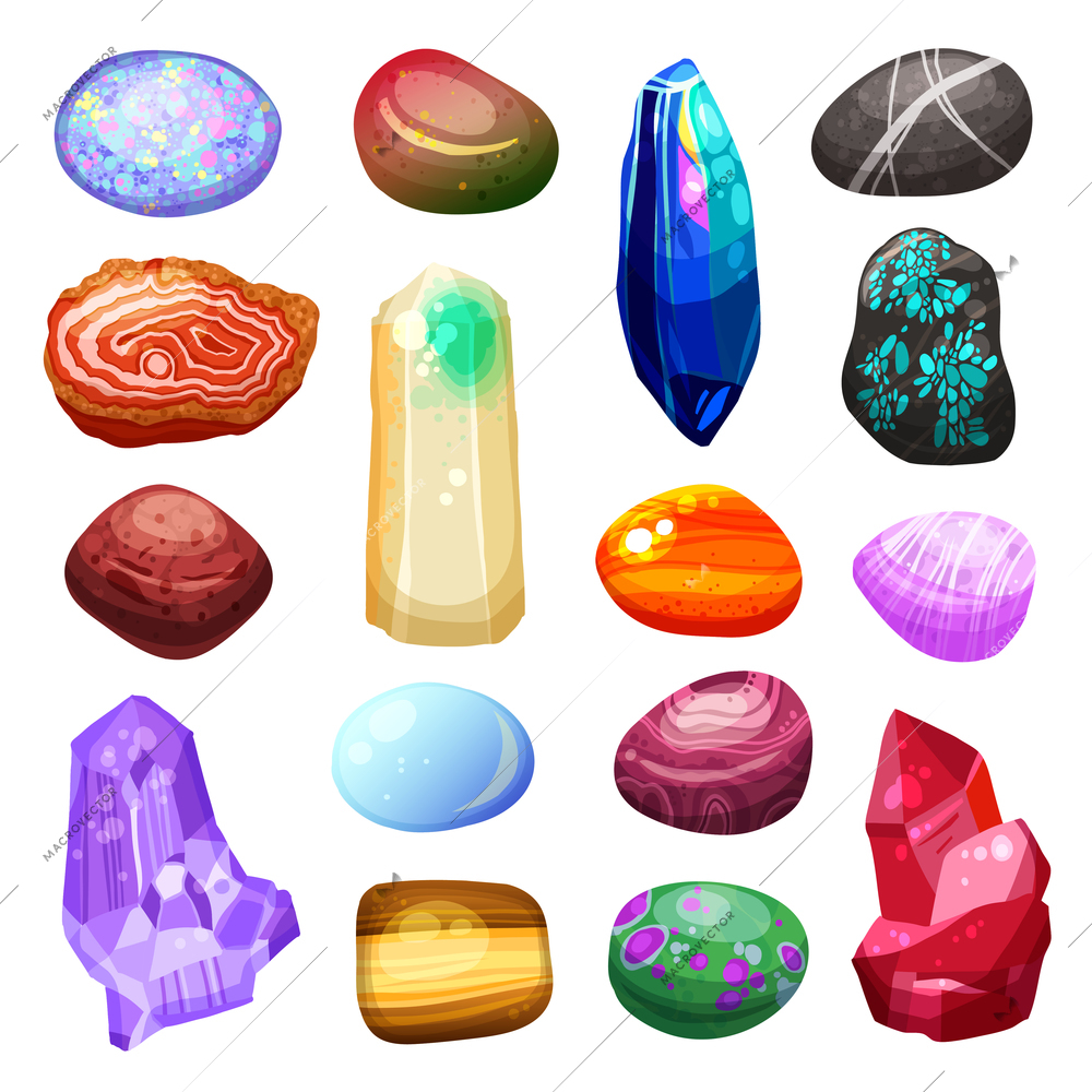 Bright multicolored crystal stones and rocks of different size and shape with various textures on white background cartoon isolated vector illustration