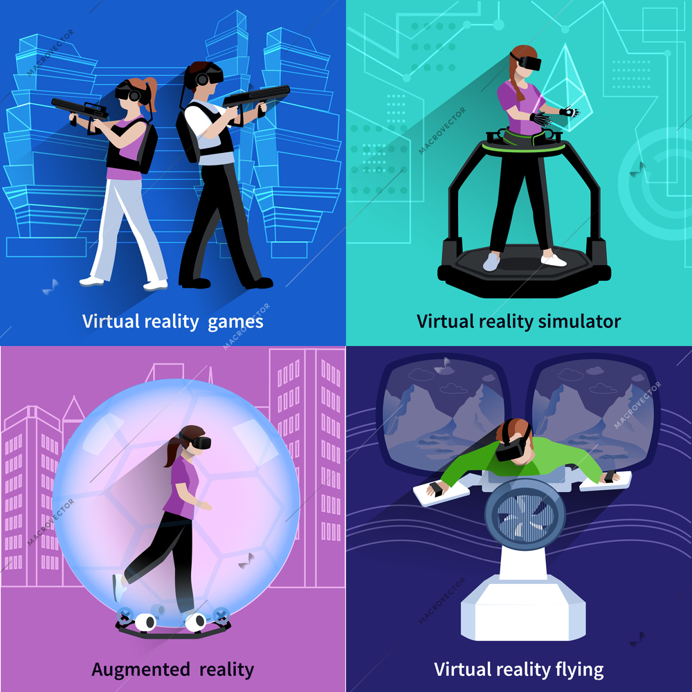 Virtual reality flying simulator 4 flat icons square with games and sport activities abstract isolated vector illustration