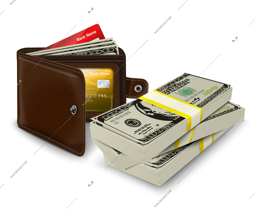 Classic modern brown leather pocket open wallet with credit card money bills and bank roll vector illustration