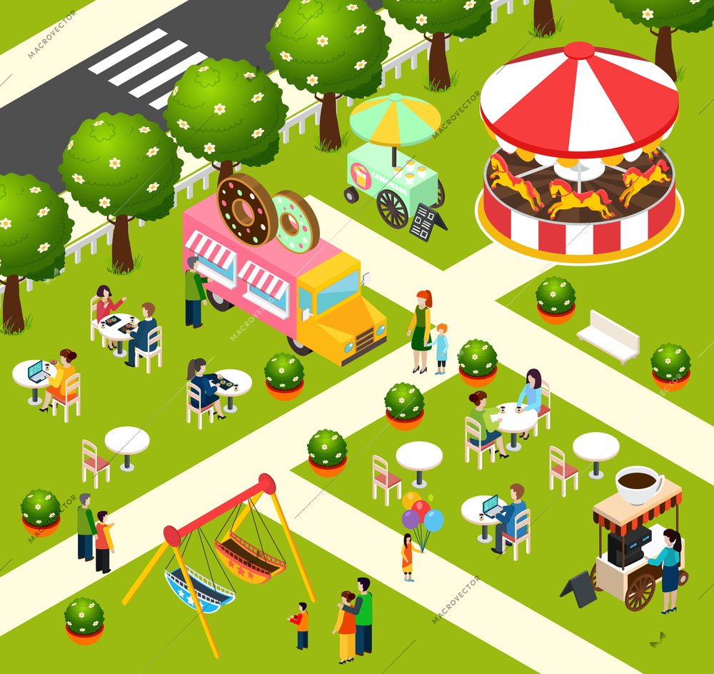 Street food truck in fairy entertaining park selling donuts and coffee isometric composition poster abstract vector illustration