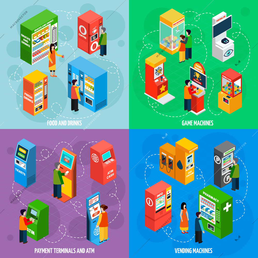 Food and drinks vending machines with payment terminals automated self service 4 isometric icons square isolated vector illustration