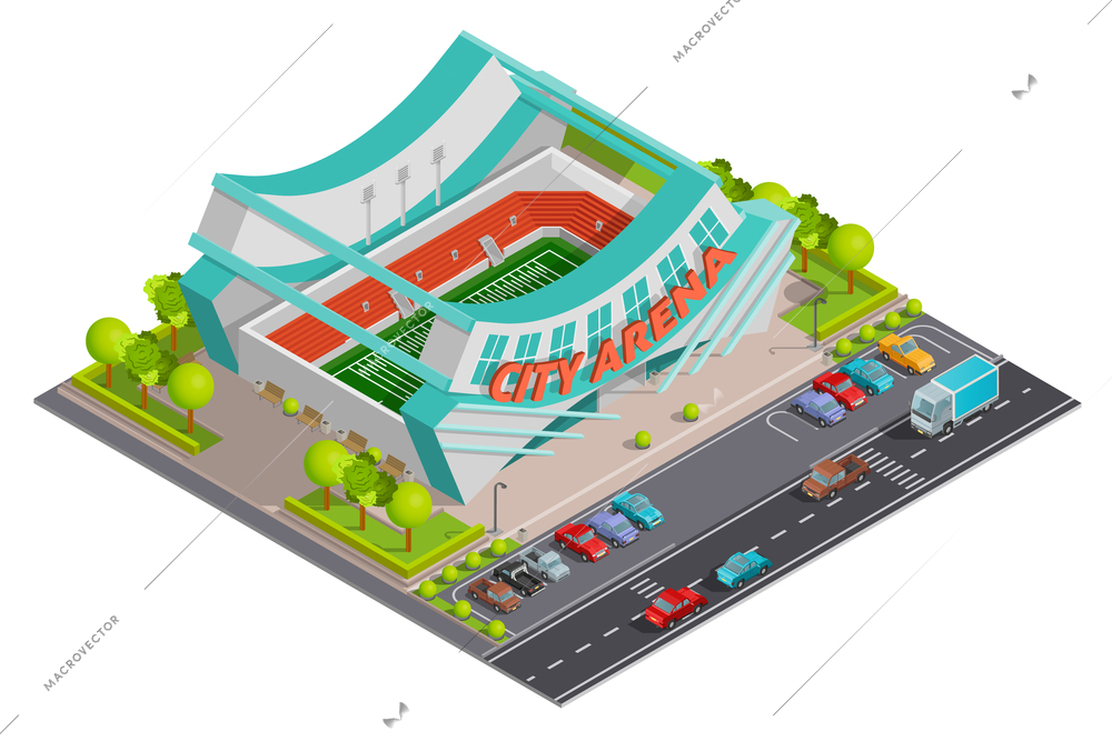 City sport center arena stadium with parking lot and traffic outside  isometric composition poster abstract vector illustration