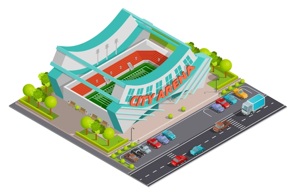 City sport center arena stadium with parking lot and traffic outside  isometric composition poster abstract vector illustration