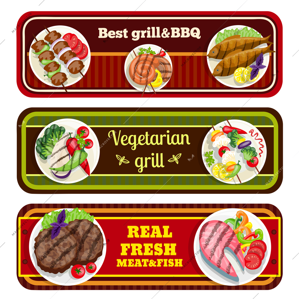 Grill dishes banners barbecue best fresh meat fish vegetarian food vector illustration