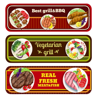 Grill dishes banners barbecue best fresh meat fish vegetarian food vector illustration