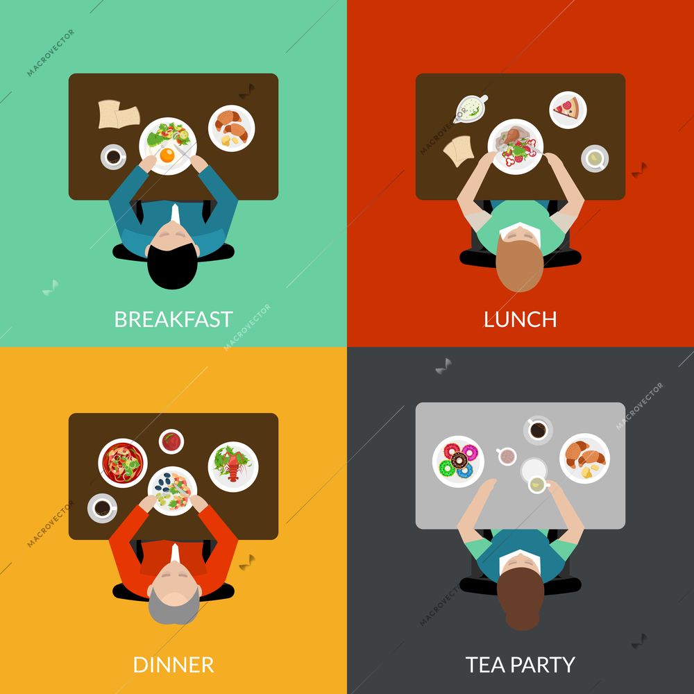 Flat icon set with eating people with different variants of meal top view vector illustration