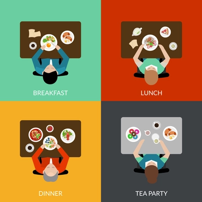 Flat icon set with eating people with different variants of meal top view vector illustration