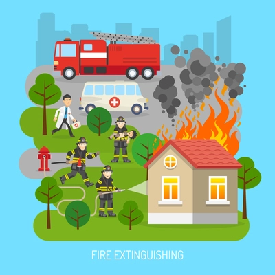 Firefighters rescuing child in fire extinction action scene with fire truck and ambulance flat abstract poster vector illustration