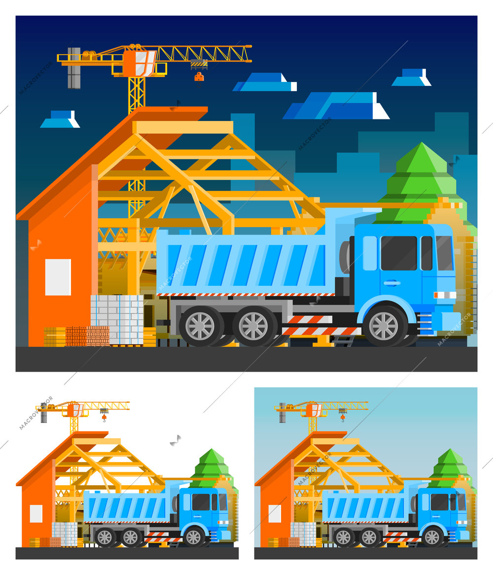 Construction orthogonal compositions set with house and truck flat isolated vector illustration