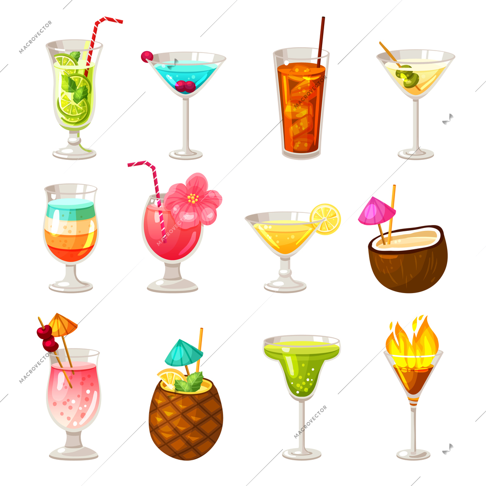 Icons set of different night club bar and tropic alcohol cocktails isolated vector illustration
