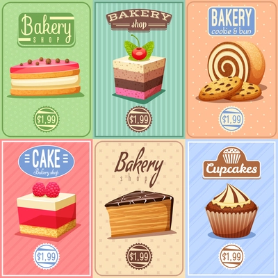 Traditional bakery confectionary 6 vintage mini posters composition banner with cupcakes caked and chocolate cookies isolated vector illustration