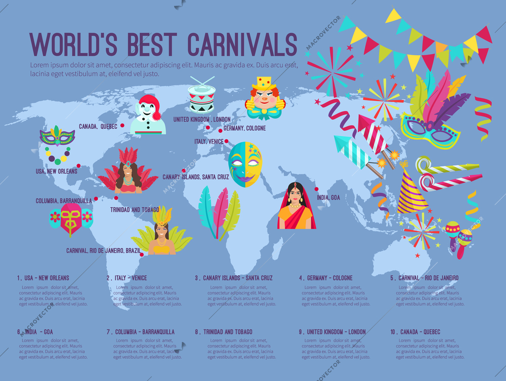 Color flat infographic depicting on the map worlds best carnivals with icons vector illustration