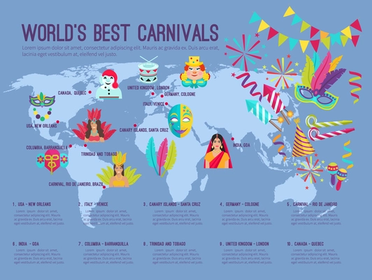 Color flat infographic depicting on the map worlds best carnivals with icons vector illustration