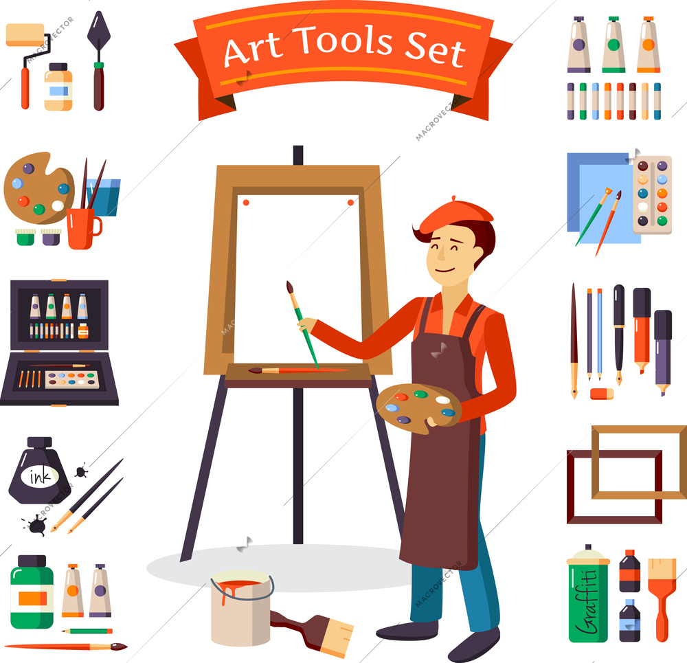 Artist and art tools set for painting and creature vector illustration