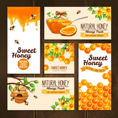 horizontal vertical and square banners presenting sweet natural honey with bees hive and wax cells vector illustration