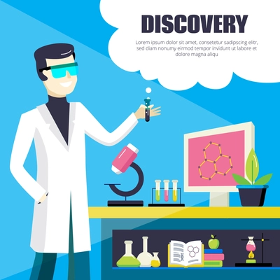 Scientist and laboratory discovery illustration with equipment vector illustration