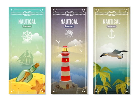 Retro sea nautical vertical banners with  lighthouse seagull message in empty bottle decorative elements collection vector illustration